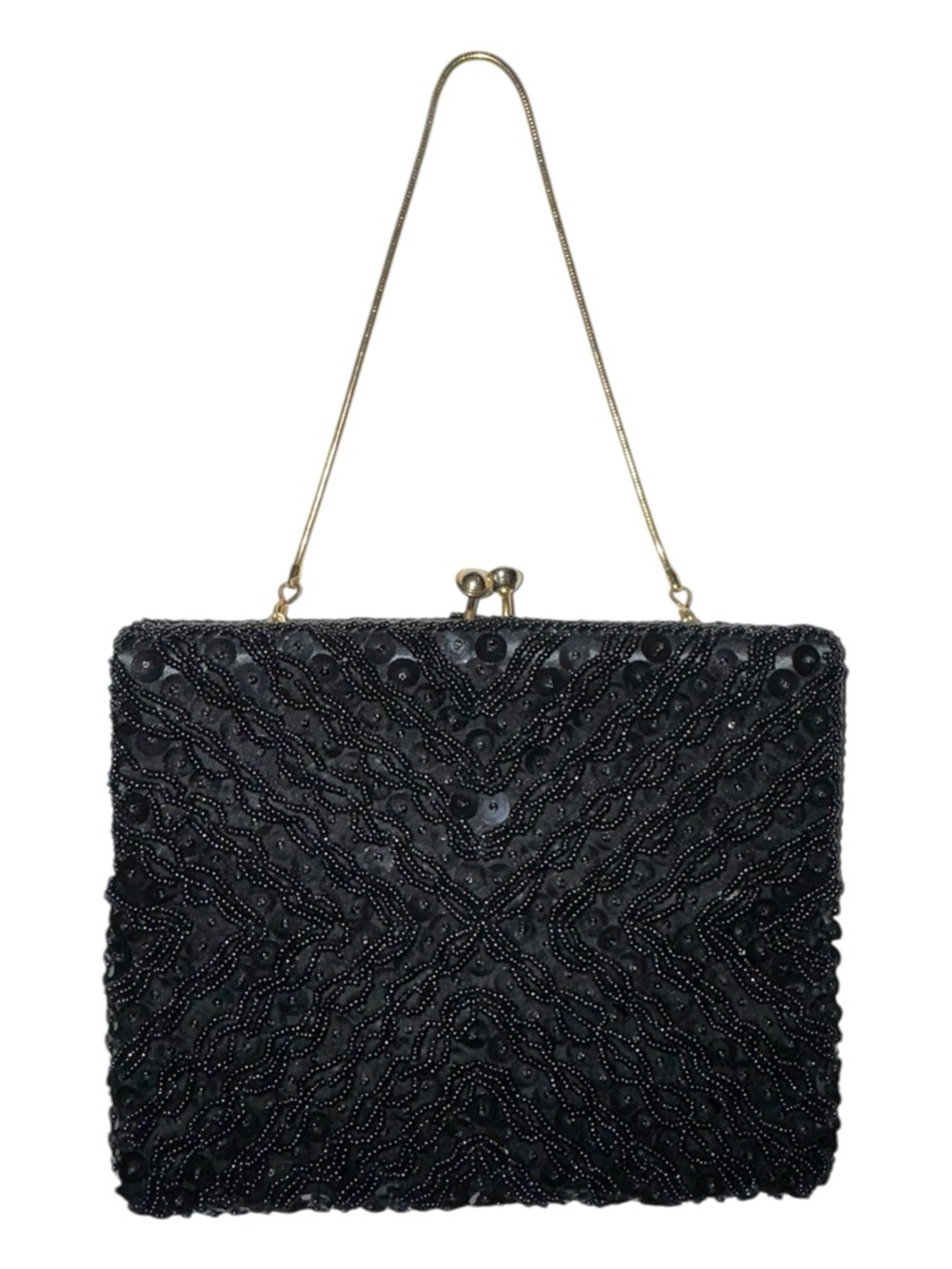 Vintage Black Beaded + Sequin Clutch Purse w Golden Chain & Fastener
